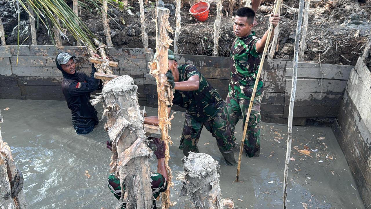 Perkuat Landasan Angkur Box, Personel Kodim 1009/Tanah Laut Pasang Cerucuk Kayu Galam