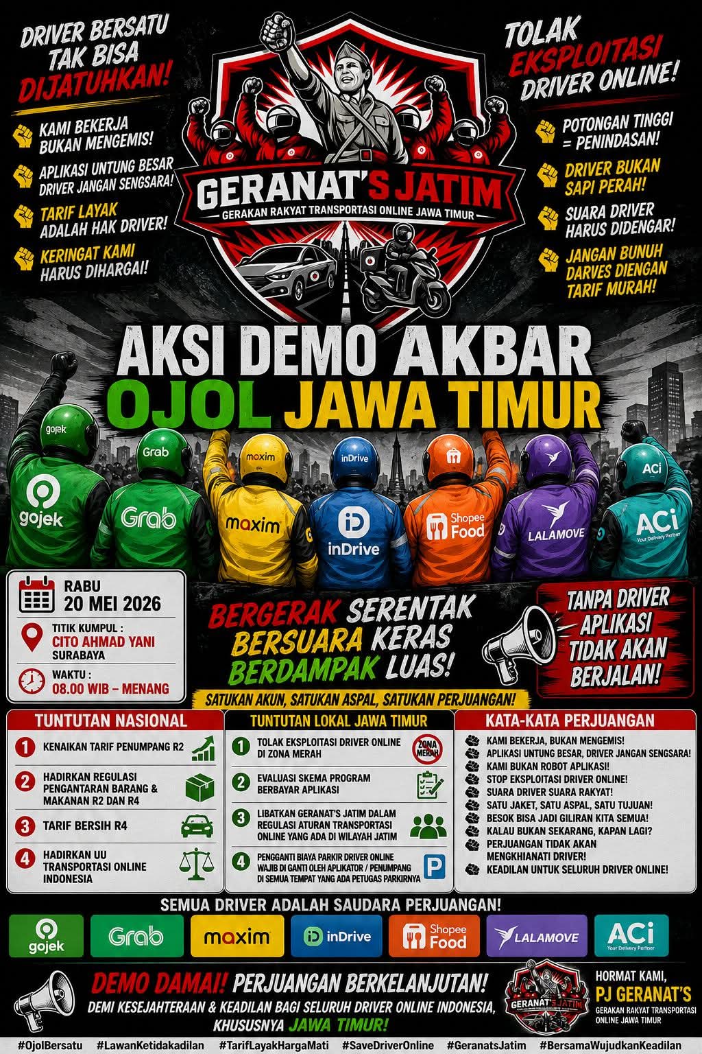 Satukan Suara Demi Kesejahteraan, GERANAT’S Gelar Demo Akbar Driver Online Se-Jawa Timur